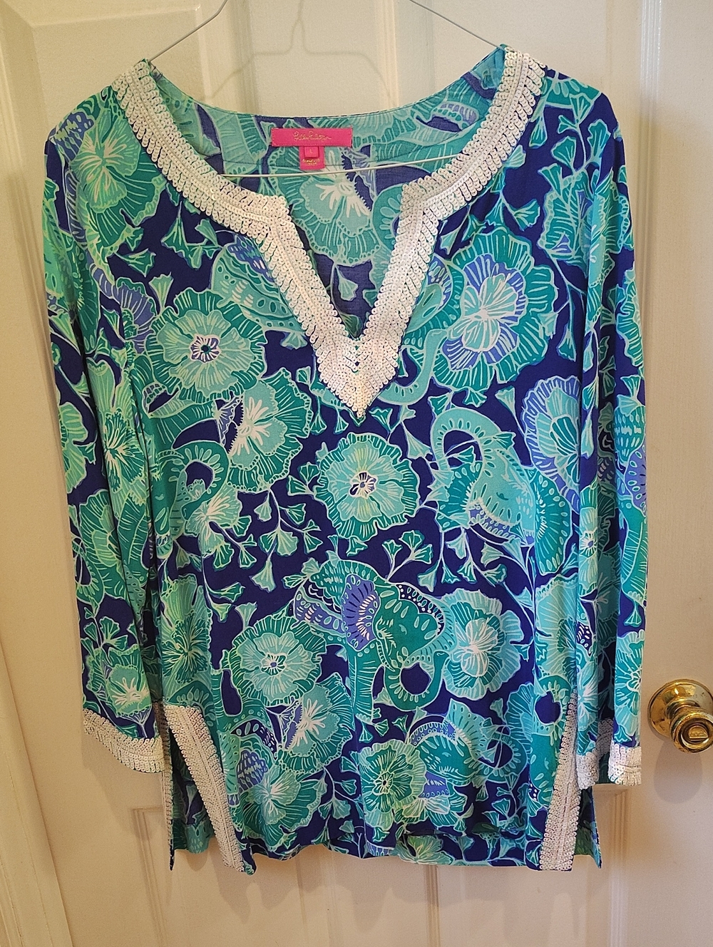 Lilly Pulitzer Floral V-Neck Tunic in Navy, Aqua & Teal L